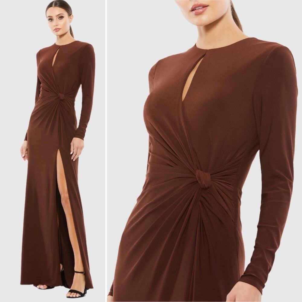 Mac Duggal Brown Long Sleeve Knotted Maxi Dress
